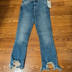 7 FOR ALL MANKIND Women Frayed Hem Flare Kick Jeans Size 24 Blue Fairy Grunge